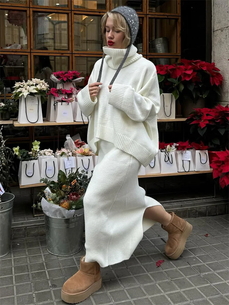 

Tossy Autumn Knit Sweater 2 Piece-Set Long Skirt Women Loose Turtleneck Pullover And Ribbed Skirt Sets Female Knitwear Outfits