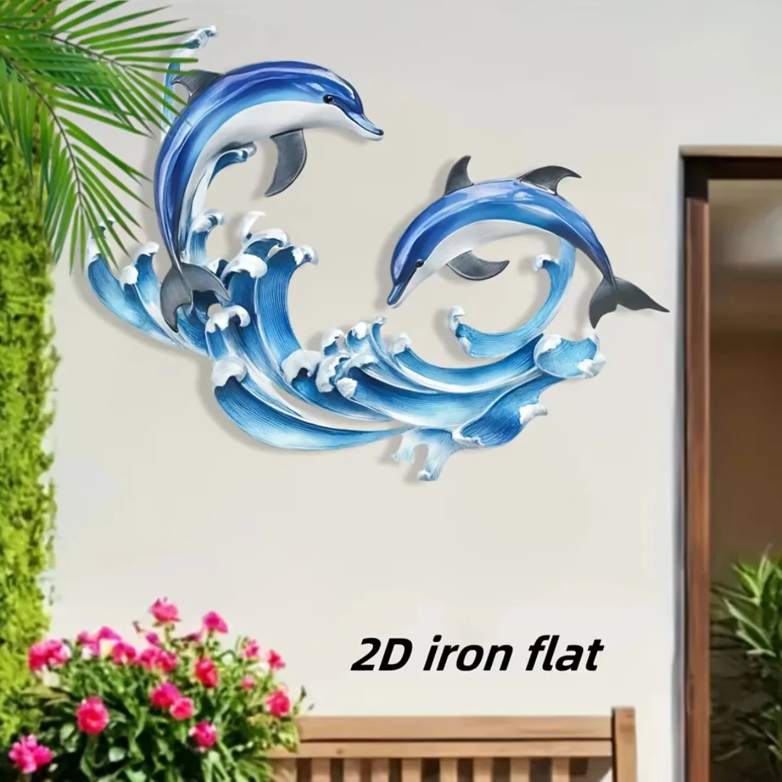 CIFBUY Metal Dolphin Wave Wall Art, 2D Flat Ocean Dolphin Iron Wall Decor for Beach House Garden Patio Entryway