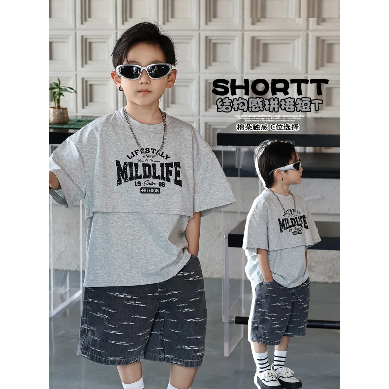 

BoyTT-shirt Short-Sleeved Summer Clothes2024New Medium and Large Children's Structural Sense Fake Two Short PiecesTJapanese Chil