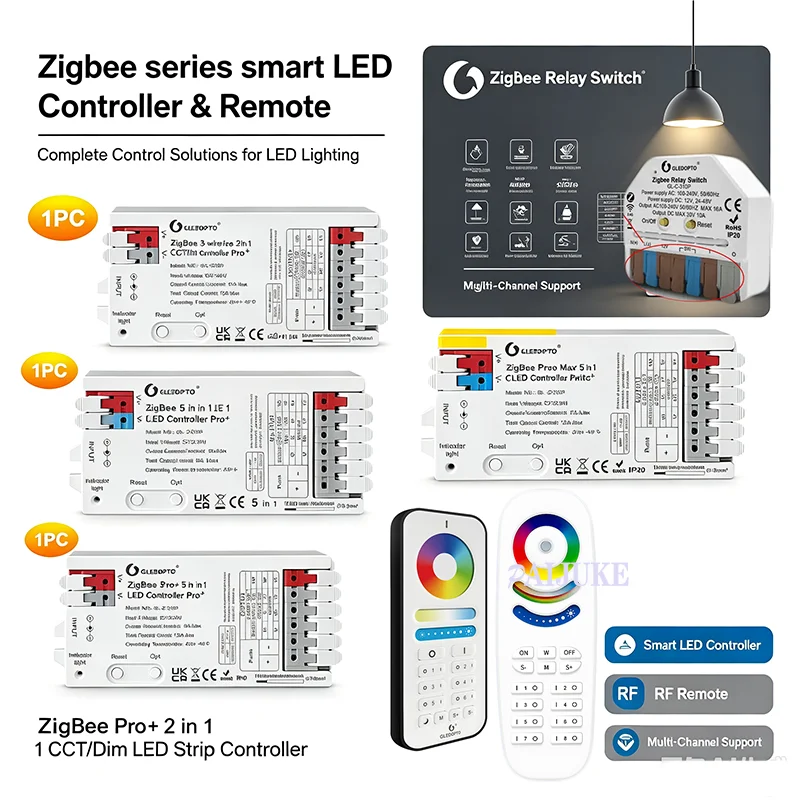 GLEDOPTO ZigBee Pro+ 5 in1 /2 in1 Smart LED Controller DC12-24V  Work With 2.4G RF Remote