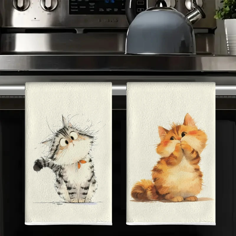 2Pcs, Tilted-Head Cat + Mouth-Covered Cat Kitchen Towels, 40Cm*60Cm Towel Set, Super Absorbent Soft Cleaning Cloth, Cooking and Baking Tea Towel, Hand Towel, Cleaning Cloth, Dishwashing Cloth, Kitchen Decoration, Living Room Decorations, Kitchen Essentials, Home Essentials