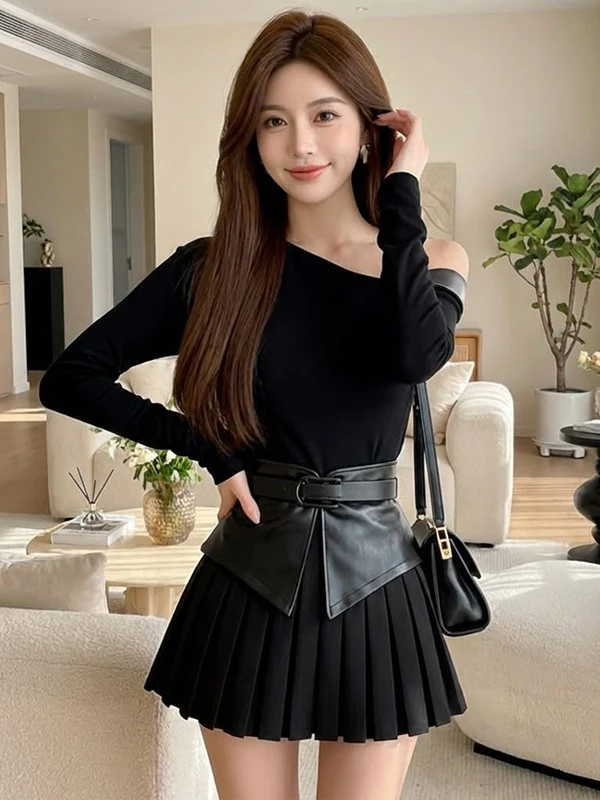 

Женское платье Ele Bla с открытыми плечами и длинными рукавами, весна 2026, с поясом на талии, короткая юбка, облегающий крой, для фитнеса и вечеринок