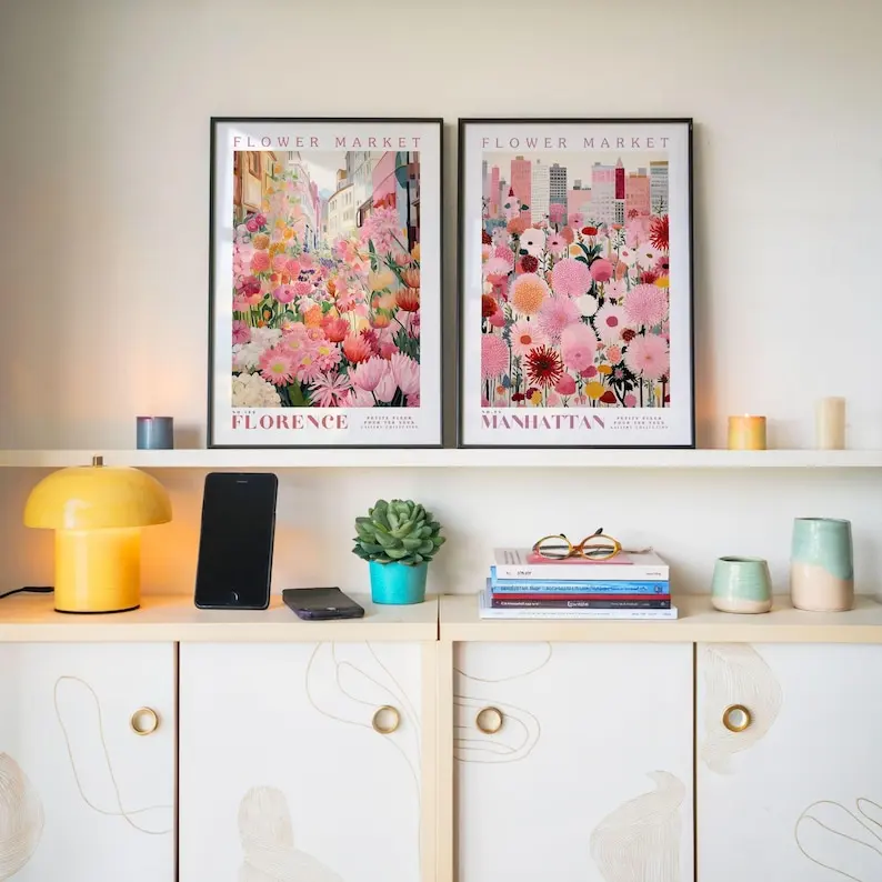 3 قطعة/المجموعة الوردي زهرة السوق قماش الملصقات نبات نابض بالحياة جدار الفن الملصقات لغرفة المعيشة الحديثة المطبخ غرفة نوم ديكور المنزل #2