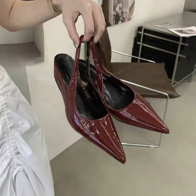 

Fashion Wedge Sandals Summer New Pointed Toe Patent Leather One Strap Anti-Slip Wear-Resistant High Heels