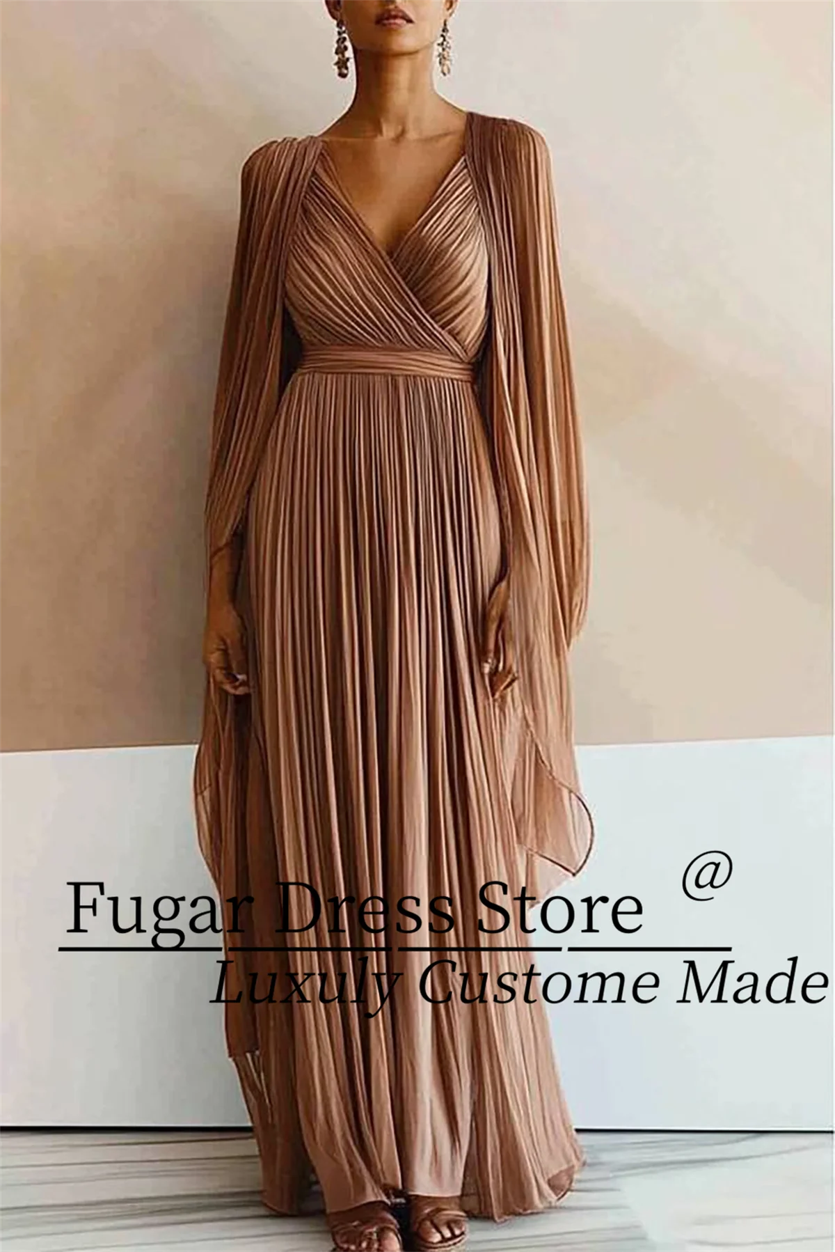 

TIANTIAN Luxuly Elegant Evening Formal Party Dress Customized Pleated sexy V-Neck Cape Maxi Dress robes de soirée