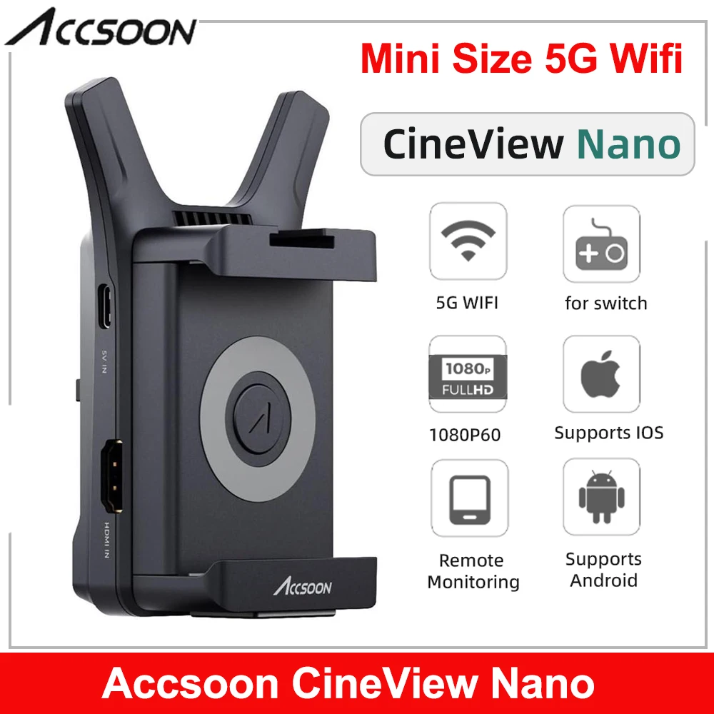 Accsoon CineView Nano HDMI 150M Range Wireless Video Transmitter 60ms Latency 5GHz Wifi for Android IOS Devices DSLR/RS2 Camera