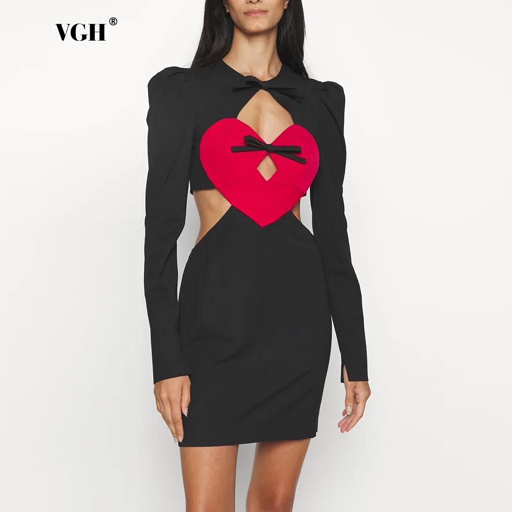 

VGH Hit Color Hollow Out Sexy Dress For Women Round Neck Long Sleeve High Waist Patchwork Bowknot Slimming Dresses Female New