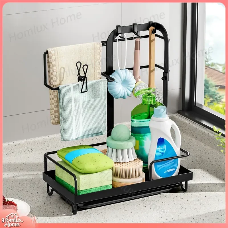 Kitchen Sponge Rack Rod Shelf Towel Drying Rack Countertop Drain Storage Hanger Dishwasher Safe Bathroom Organizer Wall Mount