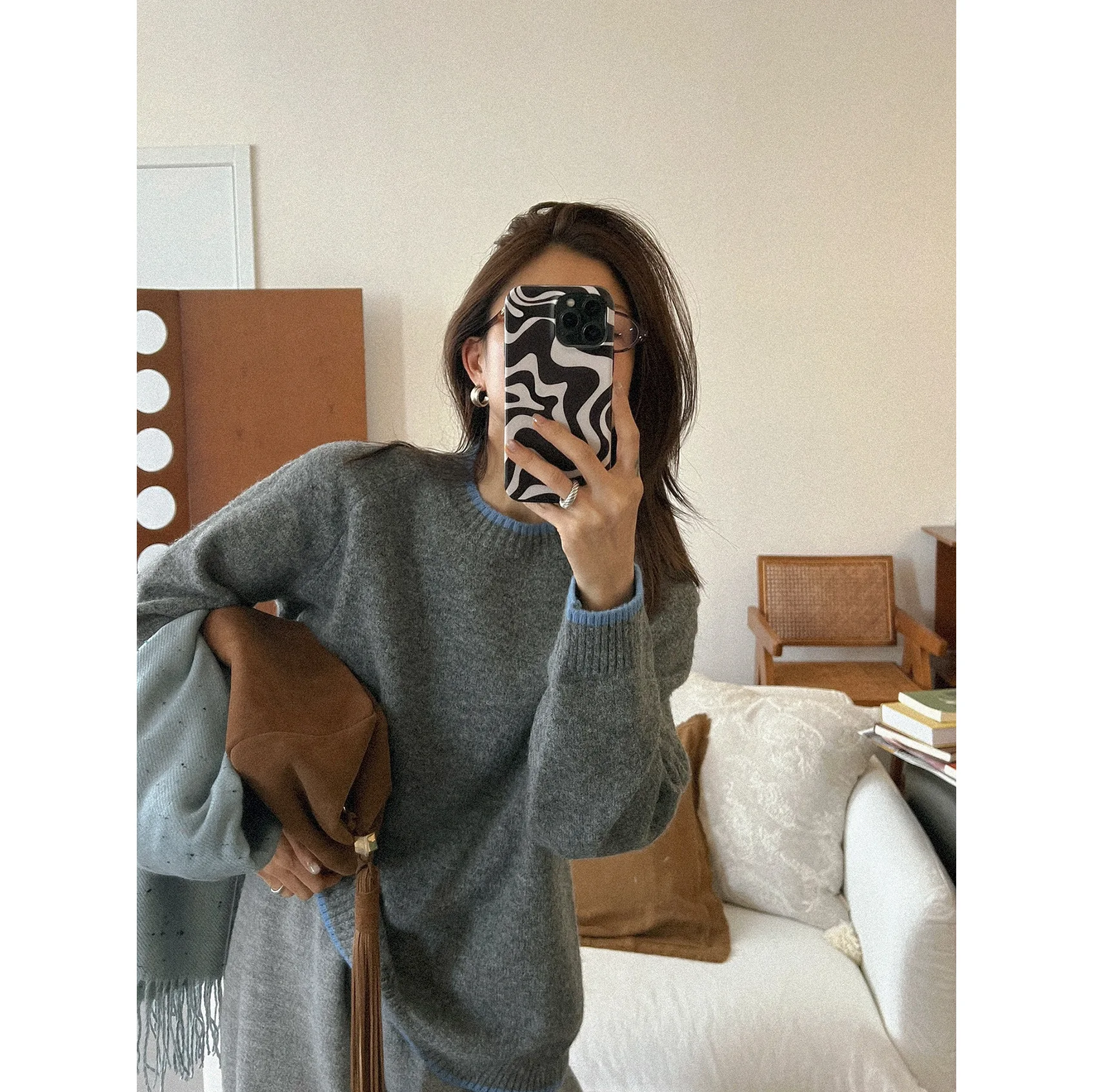 

Simple Mixed Wool Yarn Soft Autumn Winter Women's Round Neck Pullover Color-Block Trim Long Sleeve Sweater