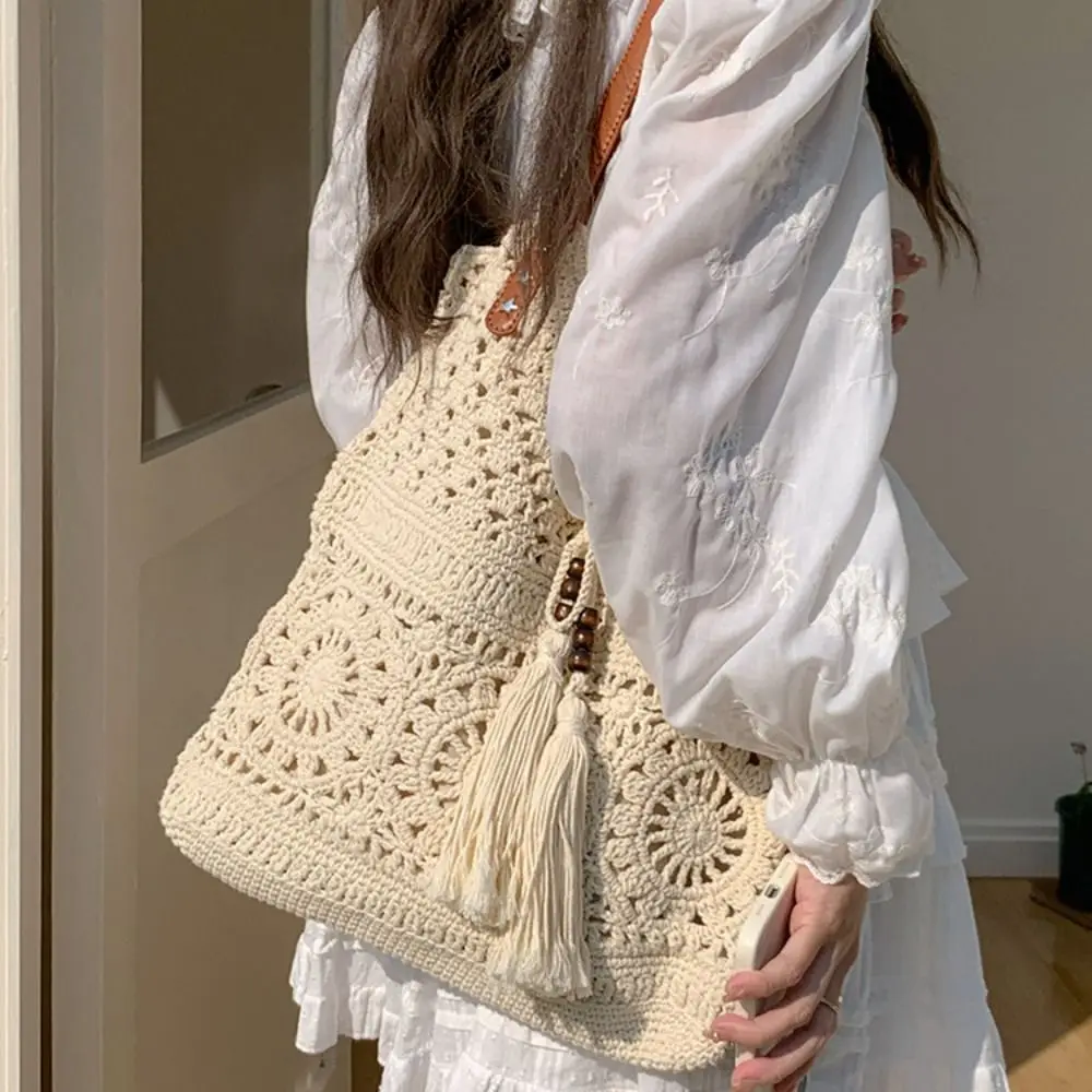 

Простая вязаная сумка-тоут в богемном стиле, большая вместимость, этнический стиль, сумка в стиле бохо, ажурная сумка, вязаная сумка для студентов