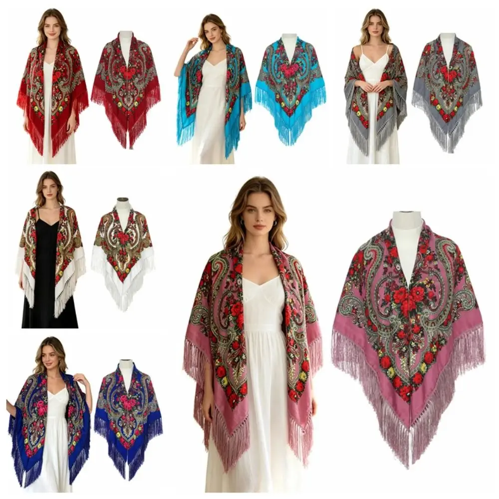 Fashion Polyester Ethnic Style Shawl Tassel Trim Floral Print Russian Square Scarf Square Shape Floral Print Scarf Sunscreen Use