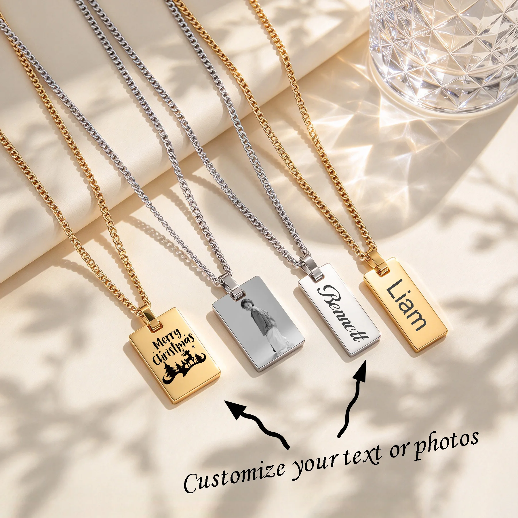 Custom Photo Text Engraved Rectangular Pendant Necklace for Men Women Classic Personalized Stainless Steel Jewelry Memorial Gift