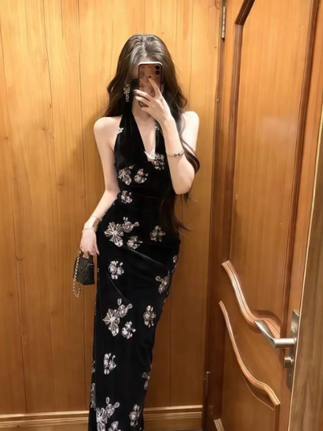 

Retro Sexy Neck Hanging Waist Cinching Bodycon Strap Dress Fashionable Elegant Summer 2026 Hepburn Style Print Cotton Dress