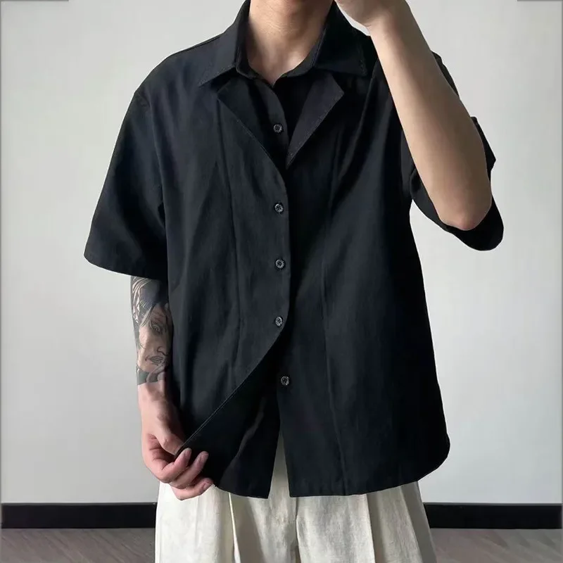Mens Double Layer Collar Button Down Shirt Short Sleeve Loose Fit Casual Black Blouse