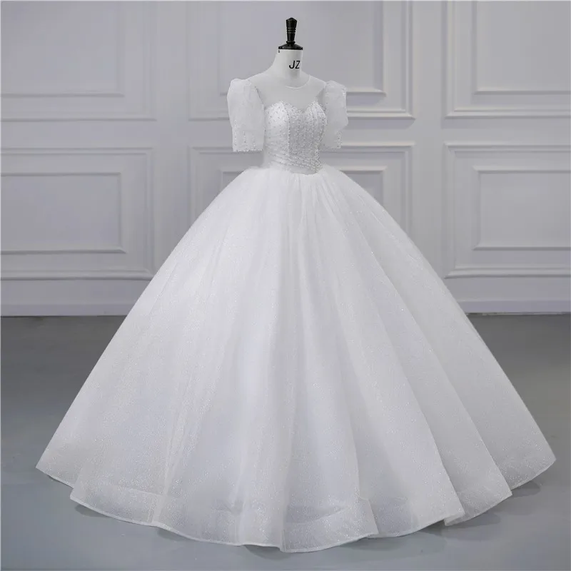 Süße Puff ärmel Brautkleider Luxus Perlen Perlen Vestido de Noiva glänzende Voile Ballkleid Prinzessin anpassen Robe de Mariee