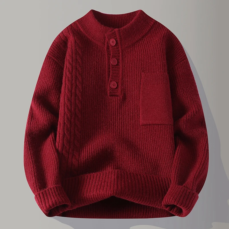 Men's Designer Original Cable Knit Henley Sweater Mock Neck Chest Pocket Soft Warm Thick Pullover for Autumn Winter Men's Wear