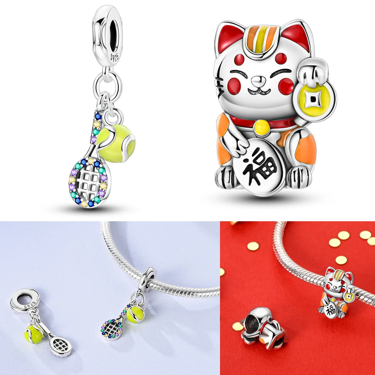 

925 Sterling Silver Cute Money Catching Cat Charms Bead Tennis Racket and Ball Pendants Fit Original Bracelet DIY Jewelry Gift
