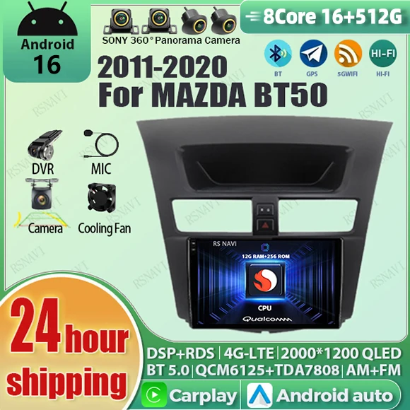 Android 16 Carplay Auto Qualcomm 2K QLED Screen Car Radio Player For Mazda BT50 2011 - 2020 GPS Multimedia Wifi 4G BT Navigation