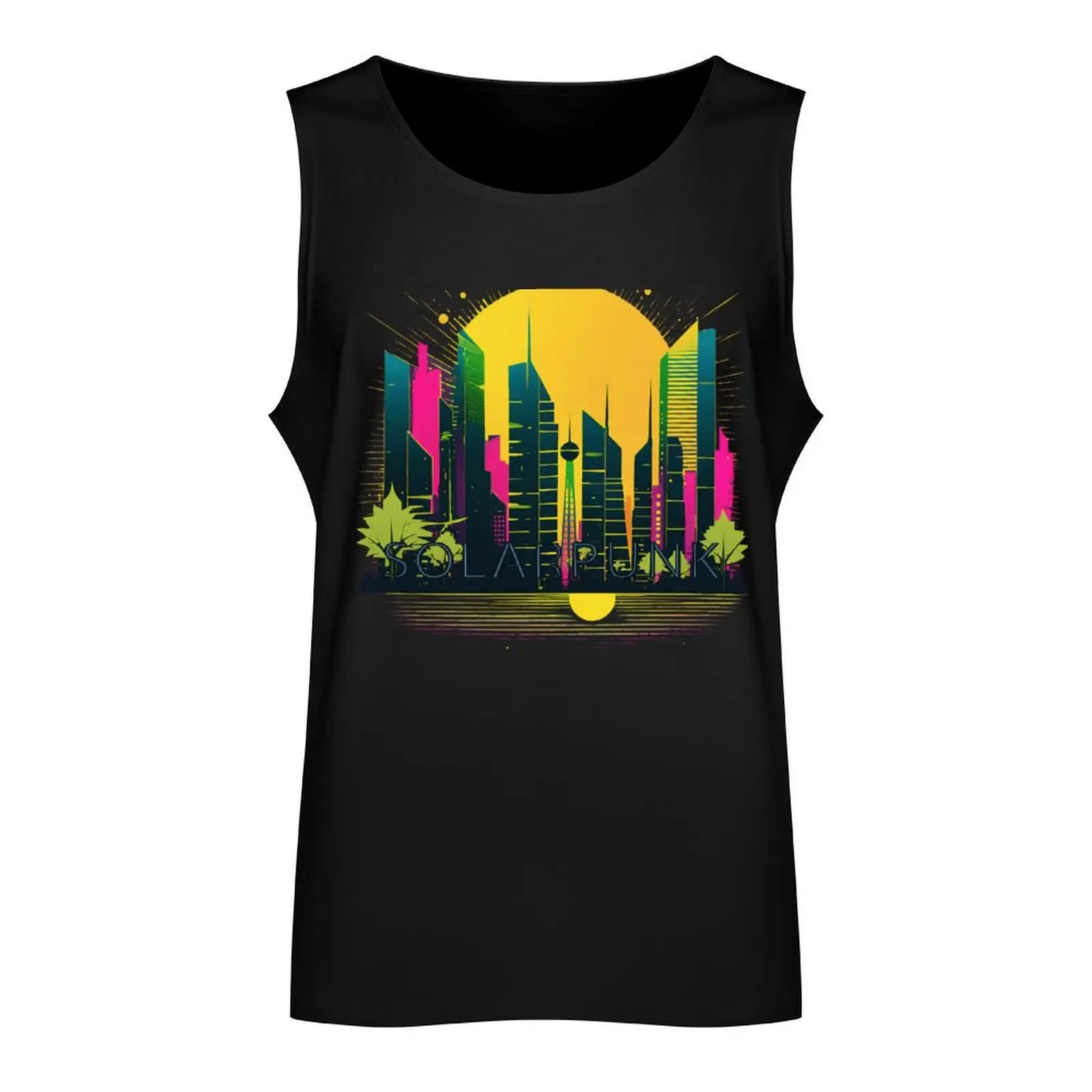 Solarpunk Horizon: Edgy Pop Art Cityscape in Minimalist Futurism Tank Top T-shirts men Men's clothes luxury style