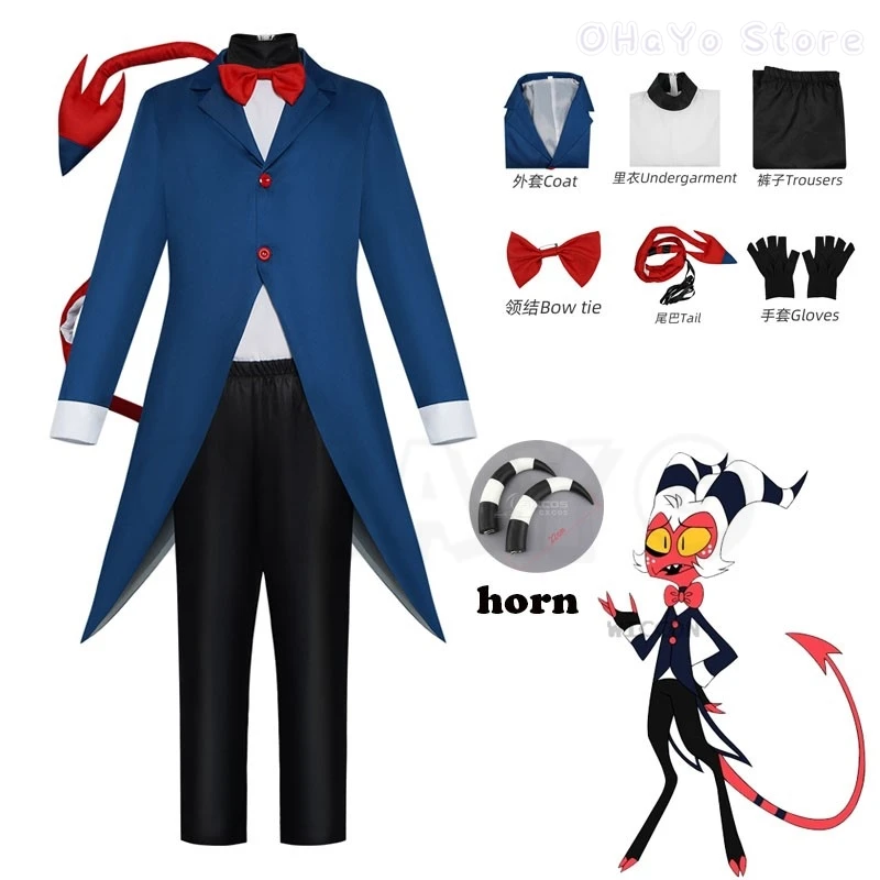 

Anime Helluva Boss Moxxie Cosplay Costume Hasbin Party Hotel Tail Outfit Horns Halloween Carnival Men Kids Moxxie Uniform Suit