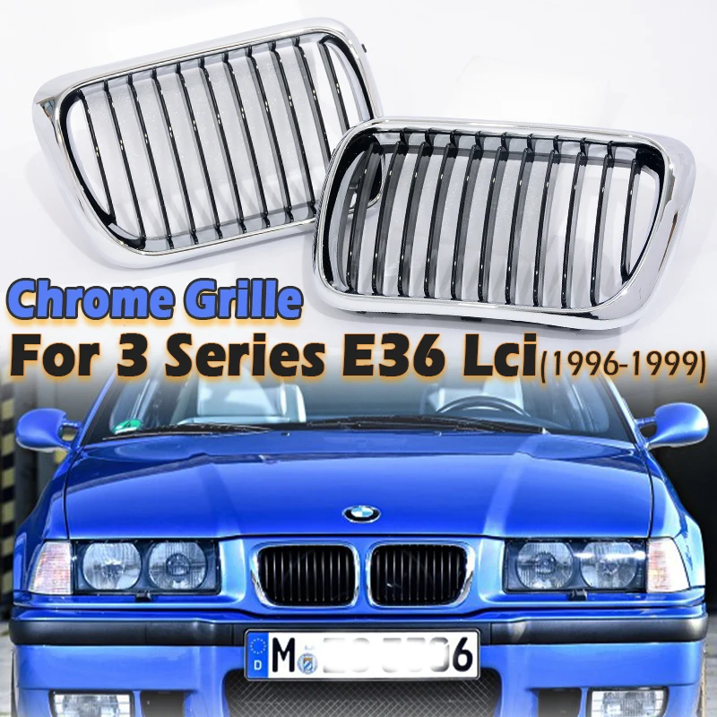 Parrilla Cromada de Una Sola Barra, Parrilla Doble Plateada para BMW Serie 3 E36 Coupé Sedán M3 Facelift LCI 1997 1998 1999 316 318 320