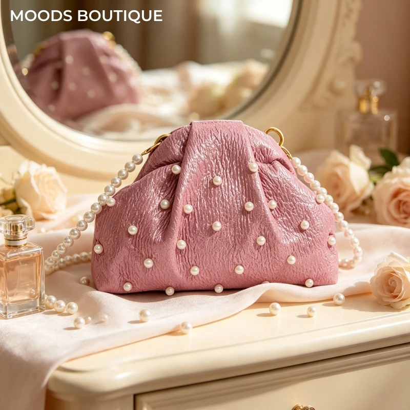 Women Glitter Pink Ruched Mini Evening Clutch Bag Pearl Beads Decor Crossbody Bag Wedding Party Prom Dinner Luxury Handbag Purse