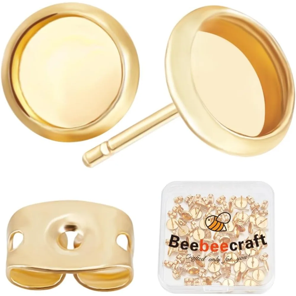 

1 коробка, 50 шт., фурнитура для сережек-гвоздиков, 18-каратное позолоченное заготовка, круглые серьги с кабошоном, рамки, лотки, набор для изготовления