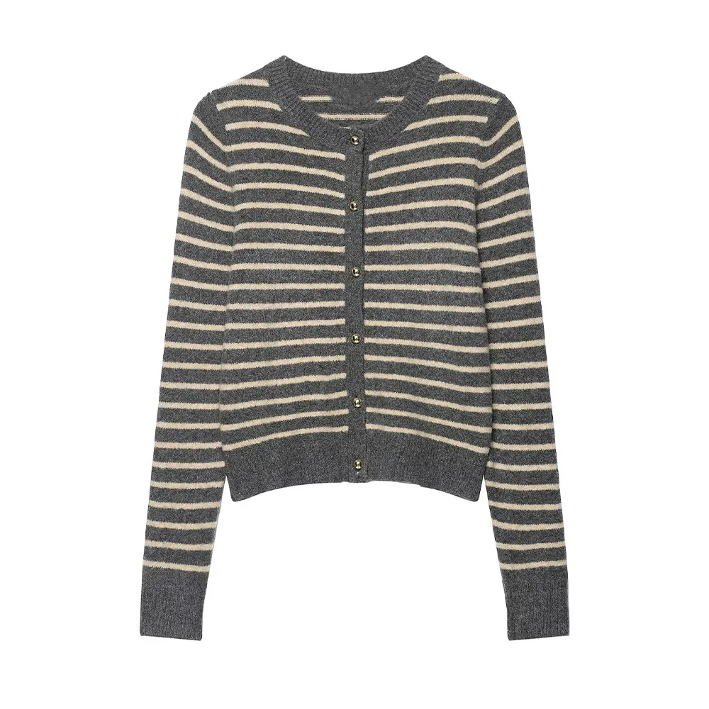 

Женский полосатый вязаный кардиган с круглым вырезом, однобортный однобортный укороченный свитер с длинными рукавами и цветными блоками, универсальный осенний новый топ