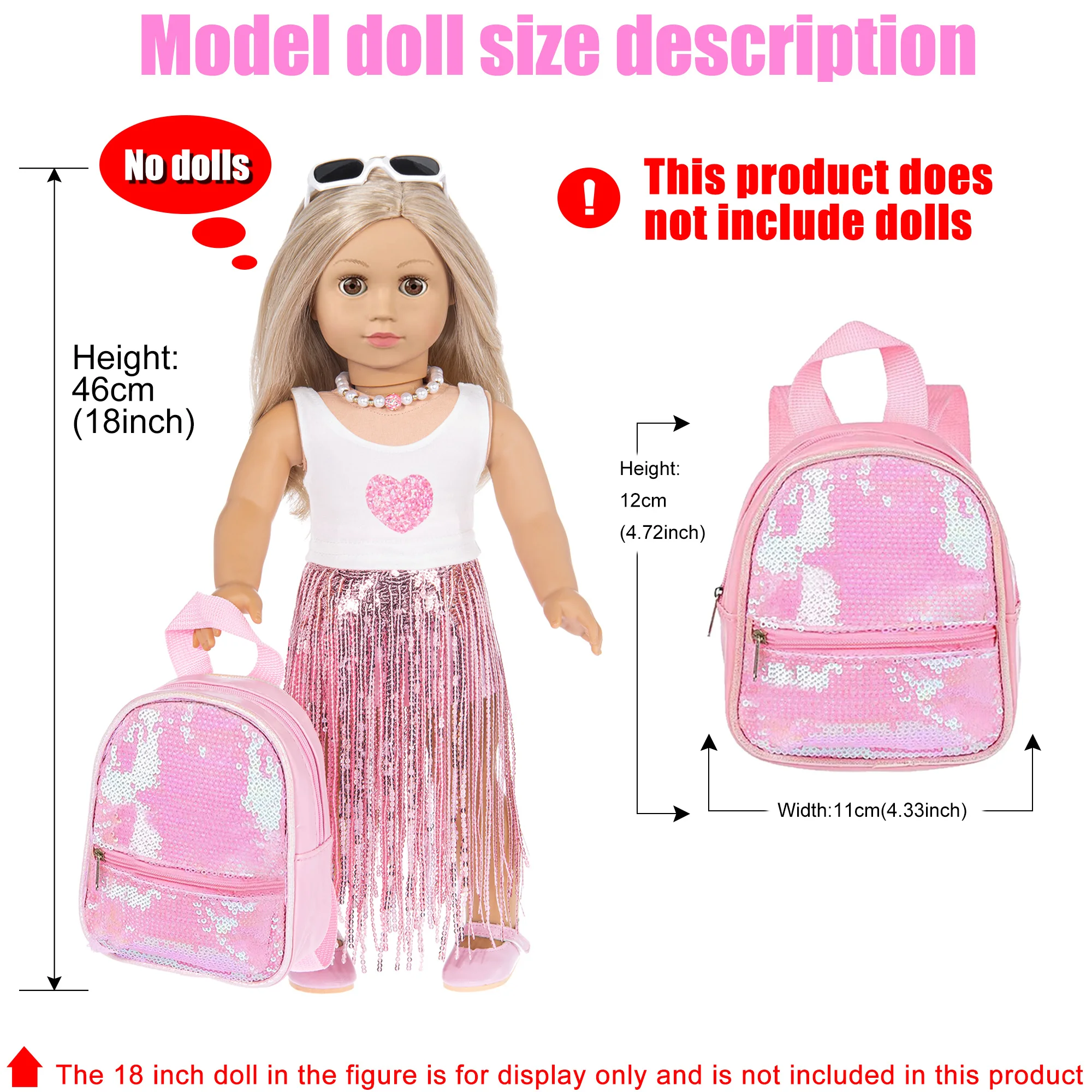 18 Inch Doll Clothes and Accessories-Fashion Fringe Dress with Travel Suitcase Backpack Manicure Playset Necklace Shoes (No Doll