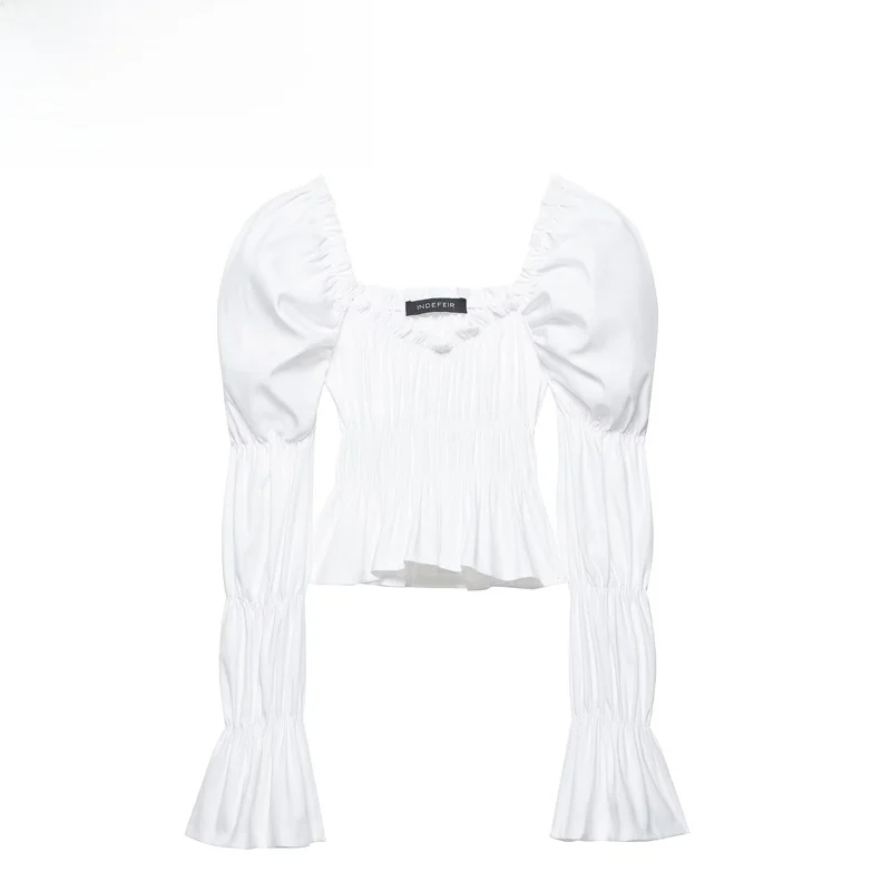 Fashionable Women's Long Sleeve T-shirt Autumn Winter Bubble Sleeve Pleated Standard Fit Polyester Fiber 100% European Style