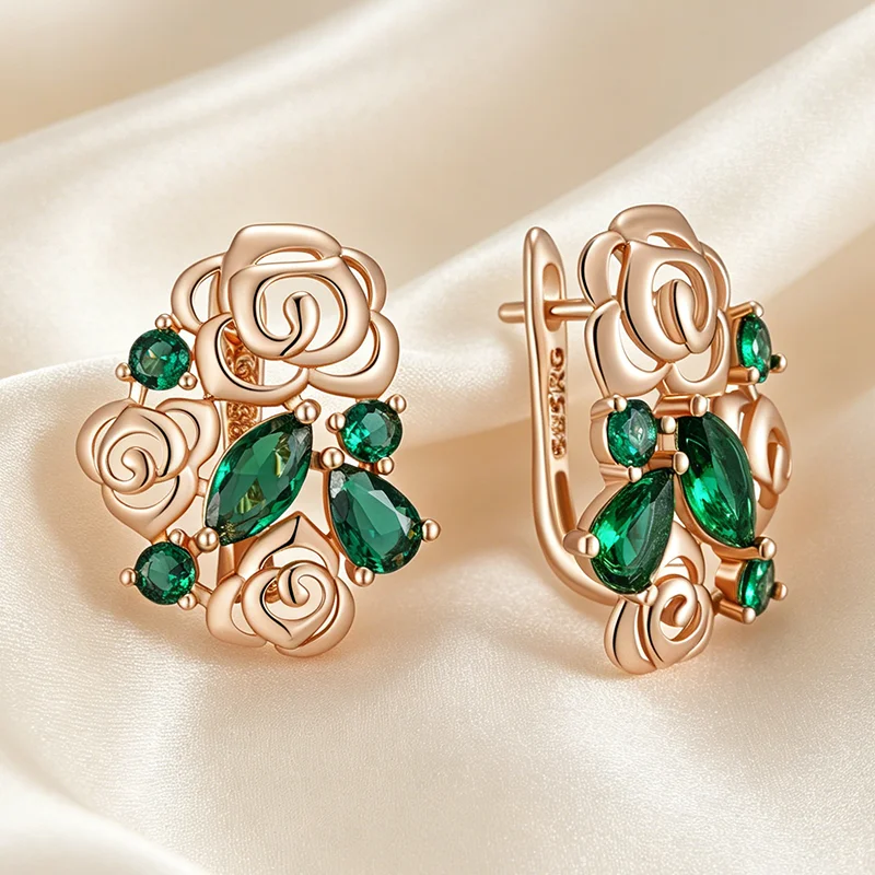 Kinel Hot Shiny Green Natural Zircon Flower Drop Earrings For Women Fashion 585 Rose Gold Color Vintage Daily Fine Jewelry