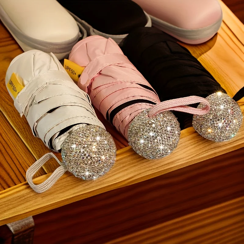 Folding Umbrella Sparkling Artificial Rhinestones Outdoor Sunshade UV Umbrella Portable for Both Sunny and Rainy Weather