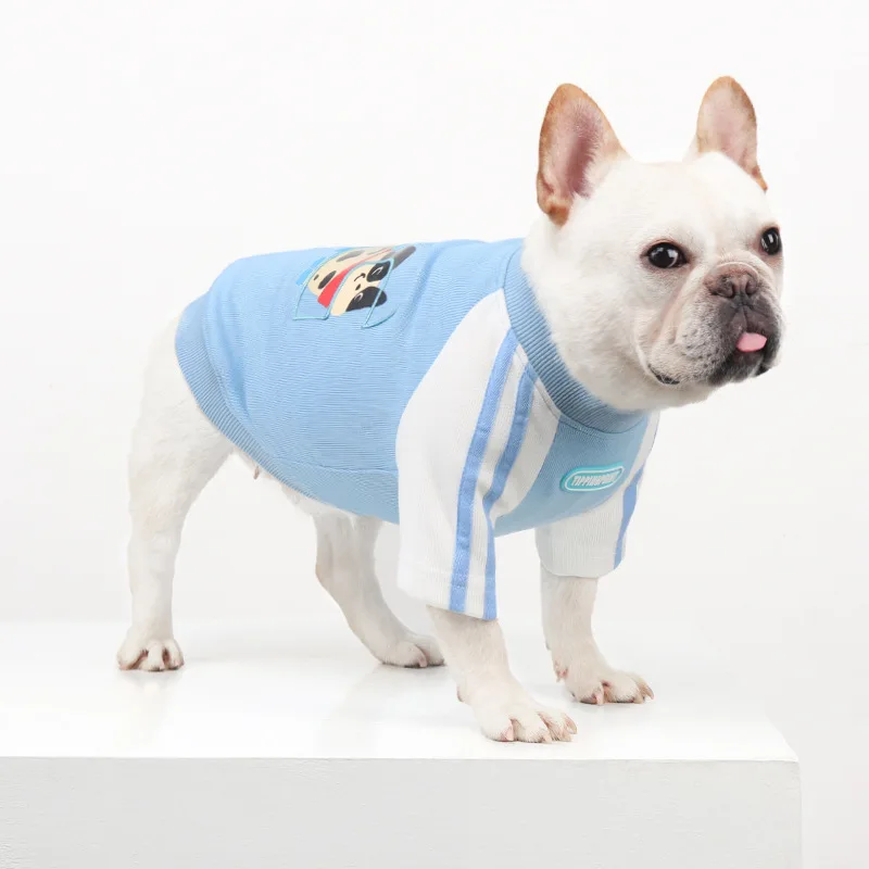 ملابس رياضية للكلاب، سترة بقلنسوة مخططة باللون الأزرق والأبيض للكلاب الصغيرة، ملابس الخريف للحيوانات الأليفة للبلدغ الفرنسي، الصلصال، بيشون فريز وبودل #1