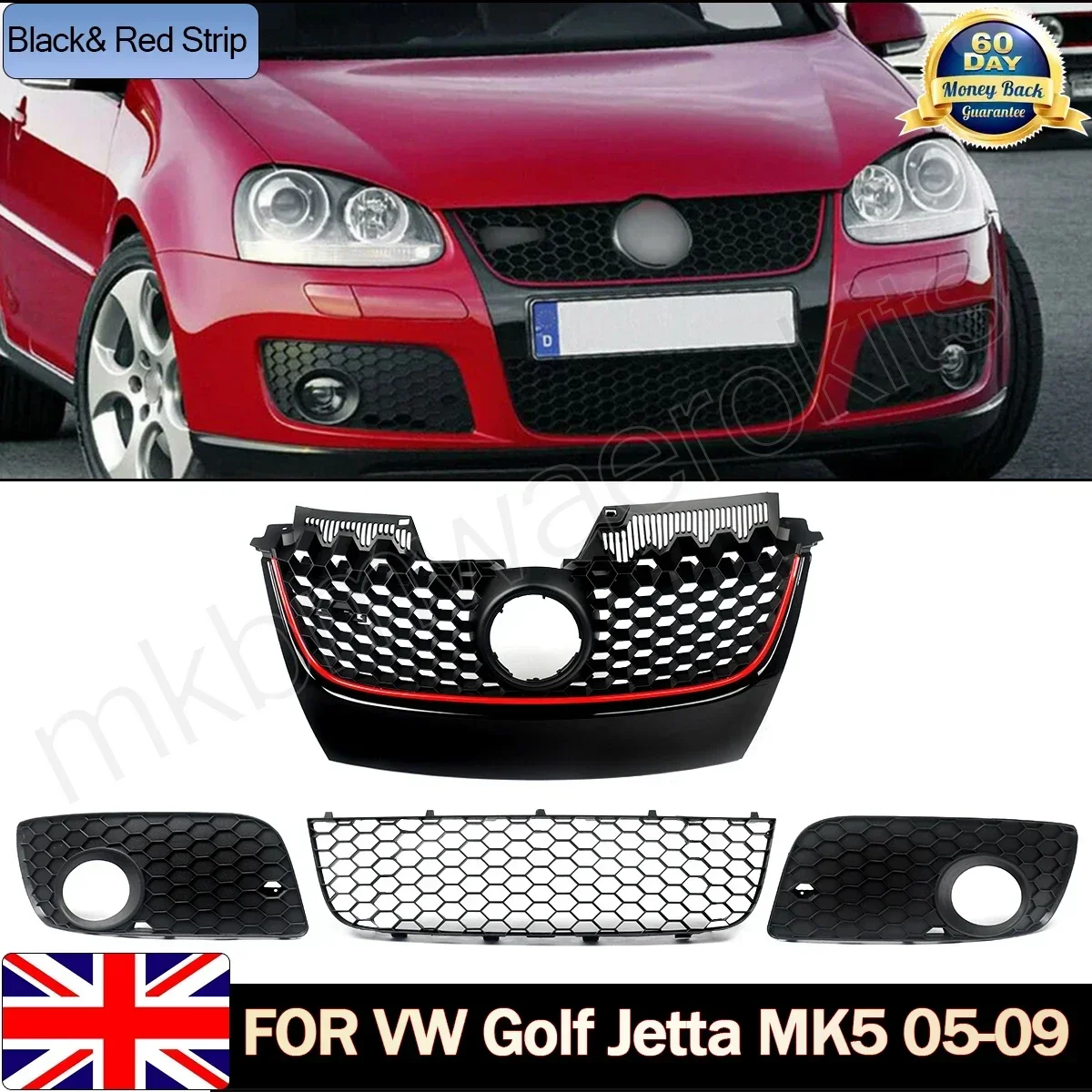 Front Honeycomb Grille Black w/ Red Trim For VW Golf MK5 Jetta/GLI/GTI 2006-2009