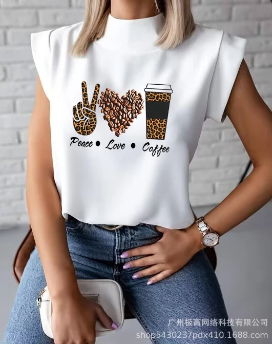 Women Casual Style Top 2024 Spring Summer Last Chic Urban Half High Neck Printed Top Round Neck Flying Sleeves Versatile Blouses