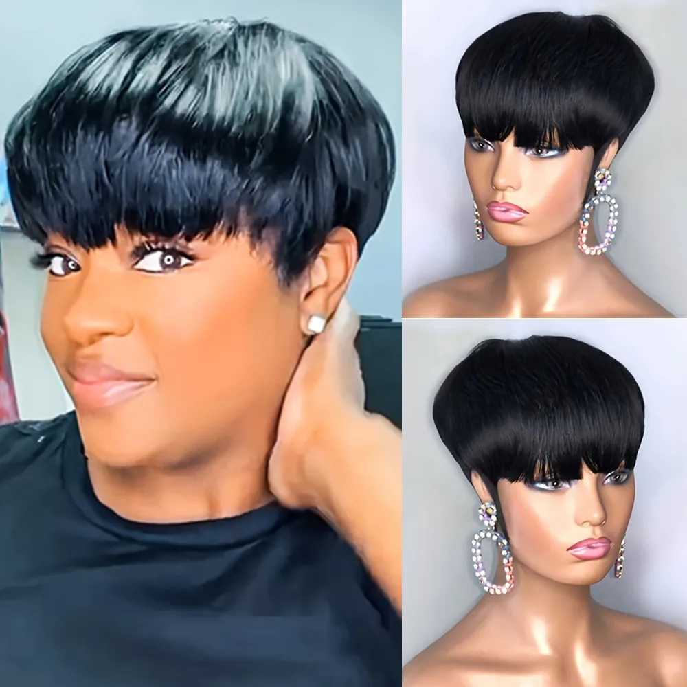 วิกผมทรงพิกซี่ทำด้วยเครื่องจักร สีดำน้ำตาล สำหรับผู้หญิง ใช้ในชีวิตประจำวันและงานปาร์ตี้ วิกผมทรงพิกซี่ วิกผมสั้นตรง วิกผมจากผมแท้