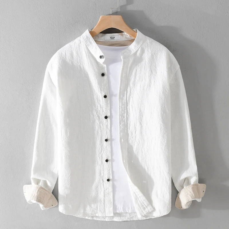 New Stylish Long Sleeved Italy Quality Shirt Men Brand Casual Cotton Ramie Stand Collar Comfortable Thick Top Clothes Chemise