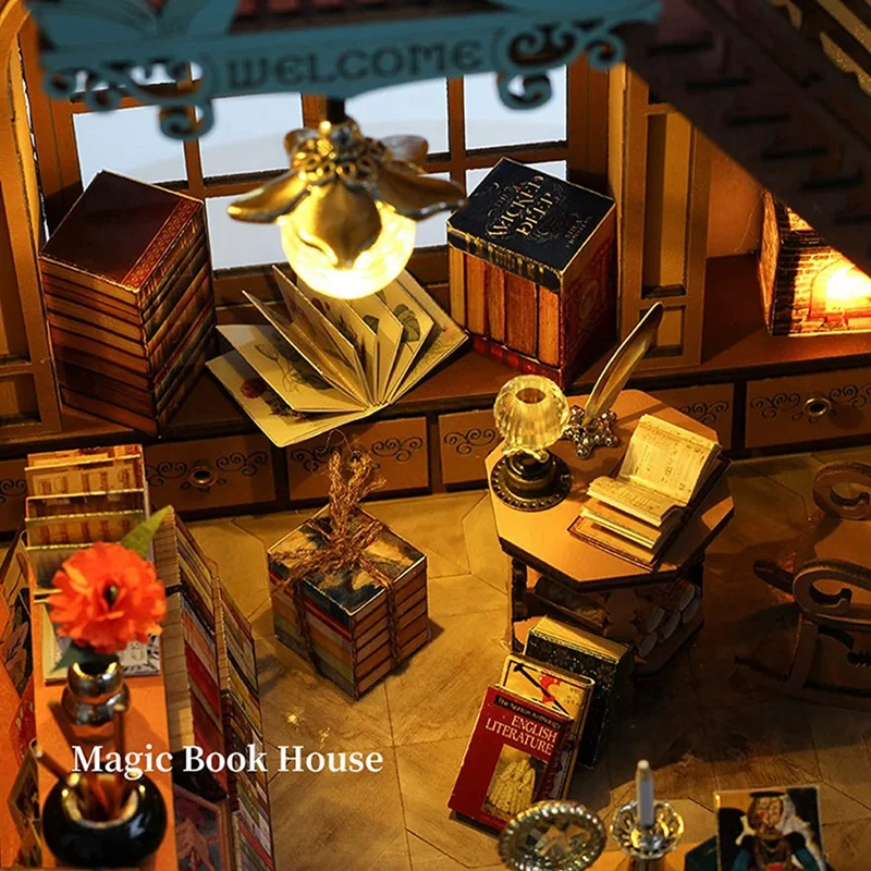 book nook DIY Book Nook Kit, 3D Wooden Puzzle Bookend Kit, Bookends Model Build-Creativity Kit with LED Light for Birthday A