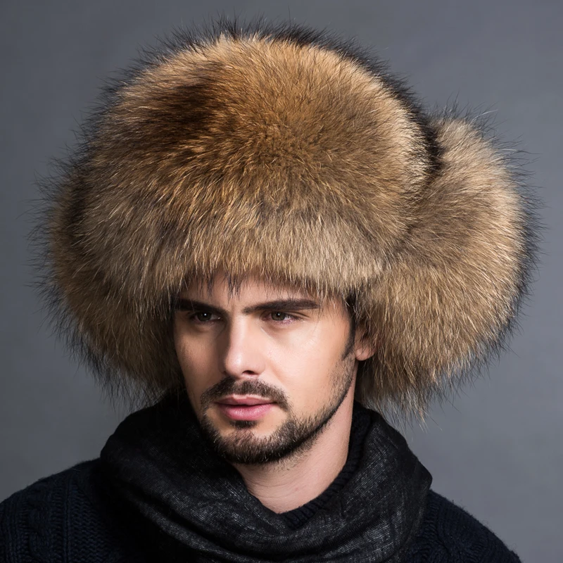 Real fur 100% Fox Skin Russian Businessmen Pilot Bombers Full Mao Men\'s hat Ushanka Winter Ear Guard Hat Raccoon Fur Beanie hat