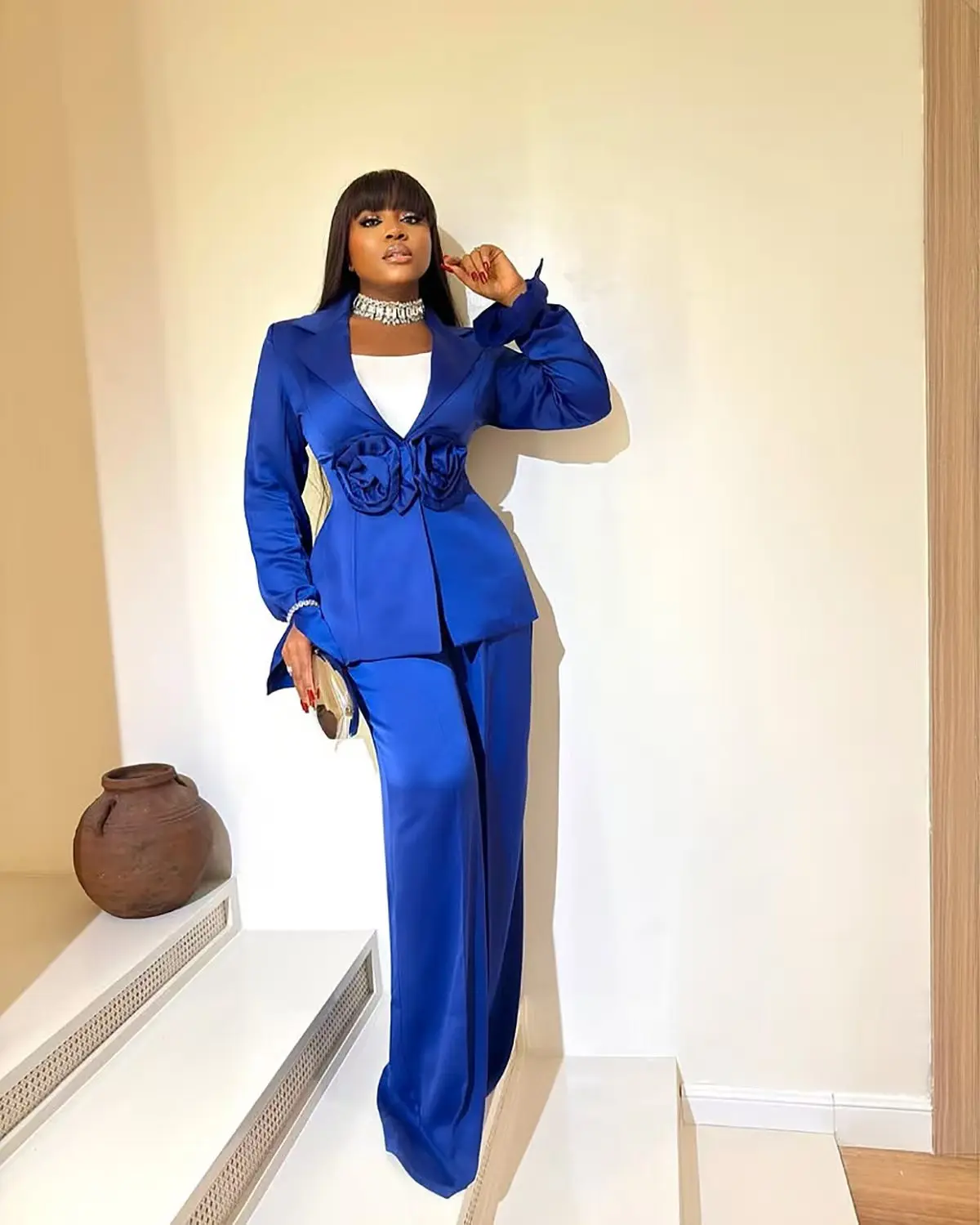 

Royal Blue Satin Women Suit Set 2 Pcs Blazer+Pants Trousers 3D Flower Formal Office Lady Jacket Customized Wedding Prom Coat