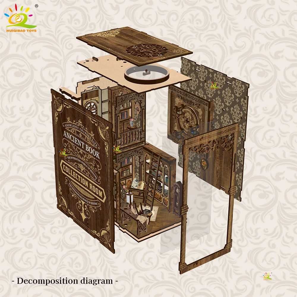 HUIQIBAO DIY Retro Bookstore Bookshelf Model 3D Wooden Puzzle Assemble Book Nook Shelf Miniature Building Kits Handmade Toys