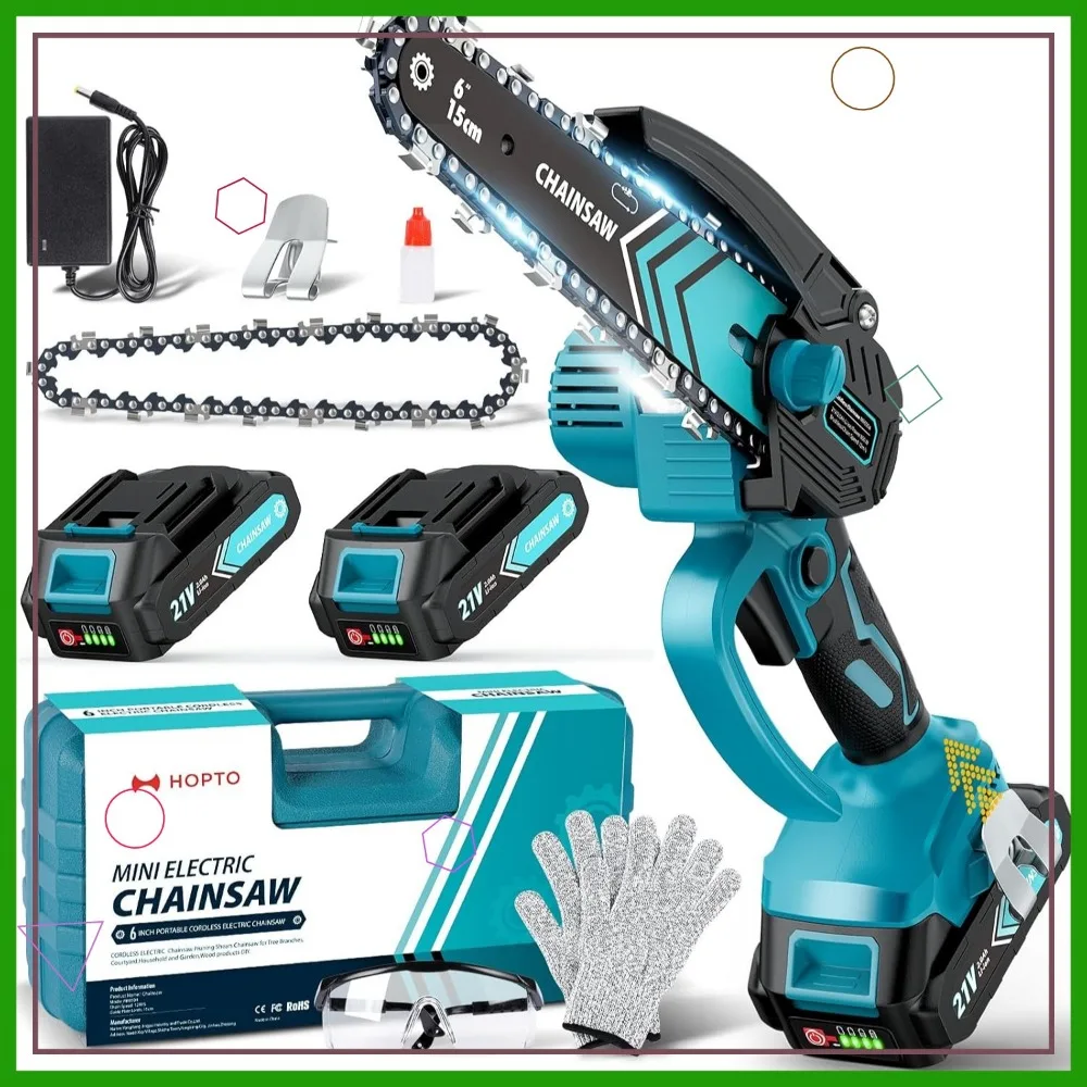 

6-Inch Mini Chainsaw Cordless with 2 Batteries, LED Light for Wood Cutting Tree Trimming Gardening Gifts