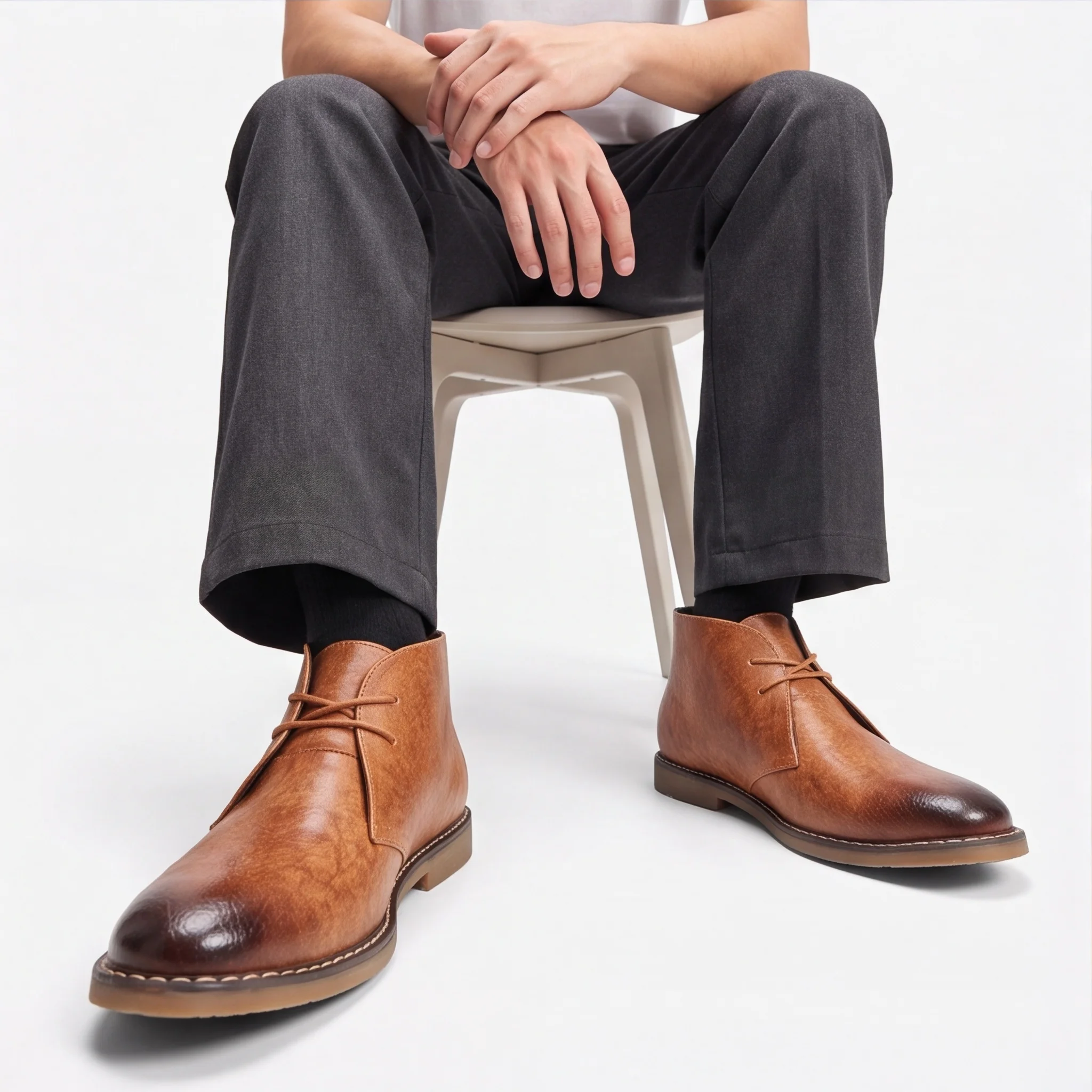 Men's Boots Round Toe Boots For Man Smart Casual Men Boots Low Block Heel With Textured Sole Ankle-High Shaft