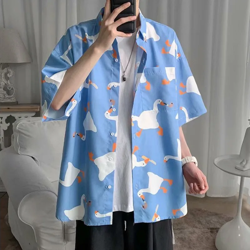 Male Vacation Matching Blouses Lapel Shirt Teenager Boys Daily Streetwear Summer Cartoon Duck Printed Shirt Men Unisex Shirts