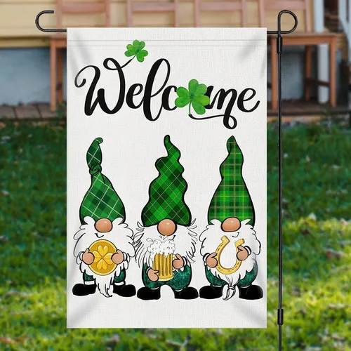 Welcome Saint Patrick's Clover Gnome Garden Flag EEJ UUN