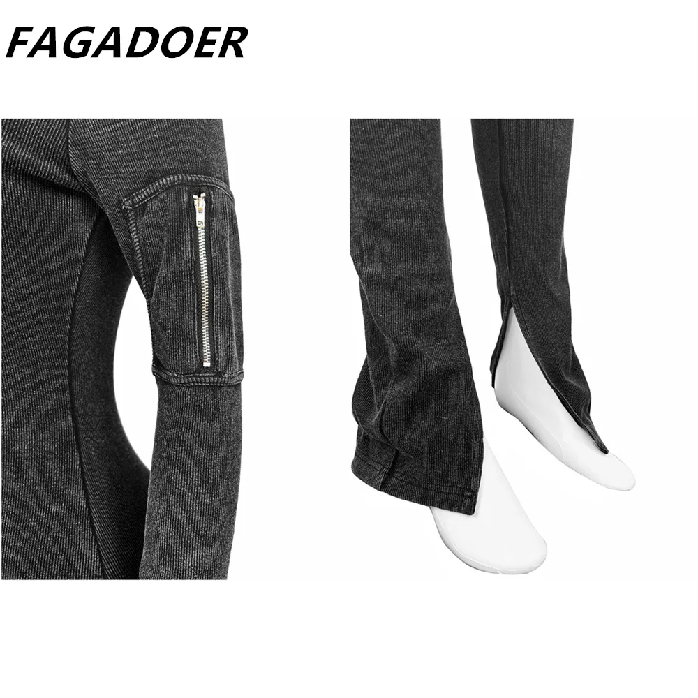 Fagadoer Fashion Hoge Kwaliteit Ribber Elasticiteit Bodycon Jumpsuits Vrouwen Een Schouder Lange Mouw Cargo Side Rits Slanke Playsuit