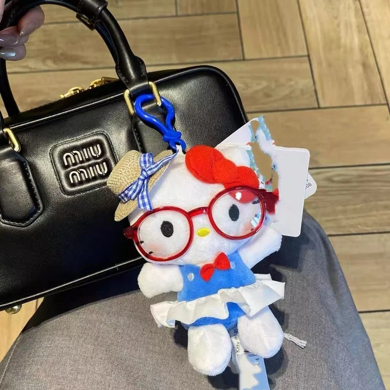 

New Hello Kitty Kawaii Straw Hat Glasses Cute Plush Keychain Toy Bag Pendant Doll Decorations Birthday Gift For Girl