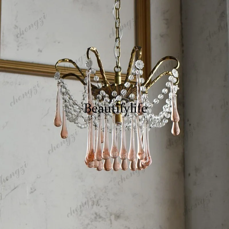 French retro, pink water drop glass lamp, all copper restaurant study tea room cloakroom crystal chandelier