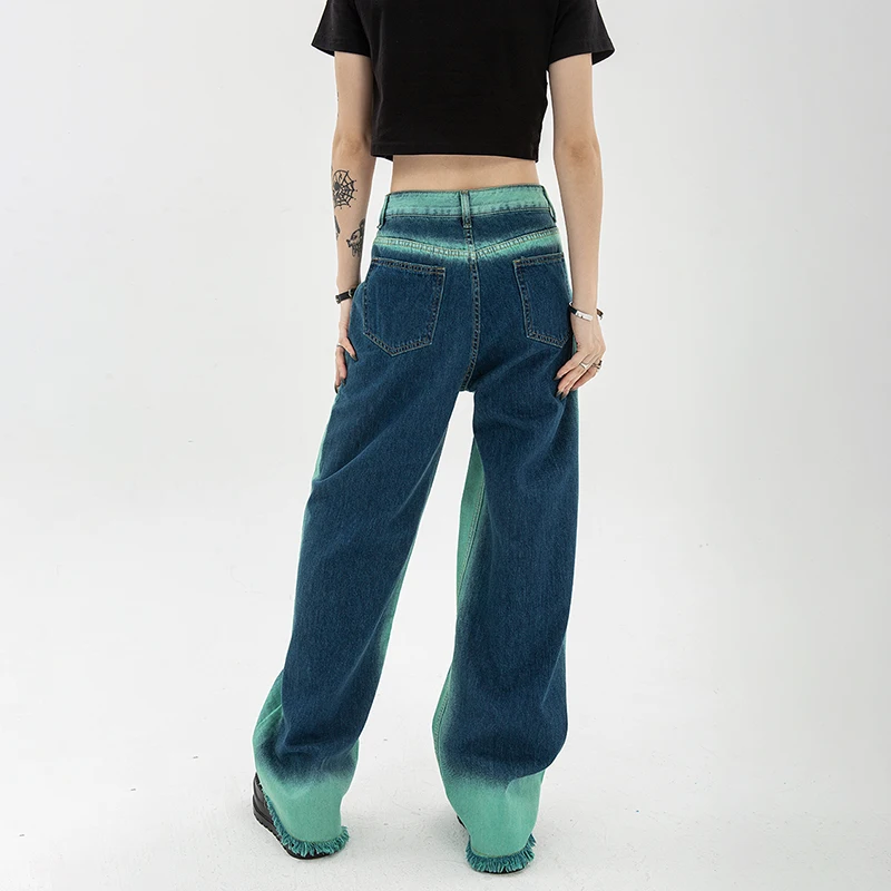 Vintage Raw Edge Stitching Color Y2k Baggy Jeans Women Korean Autumn Winter Women\'s High Waist Straight Wide Leg Denim Pants