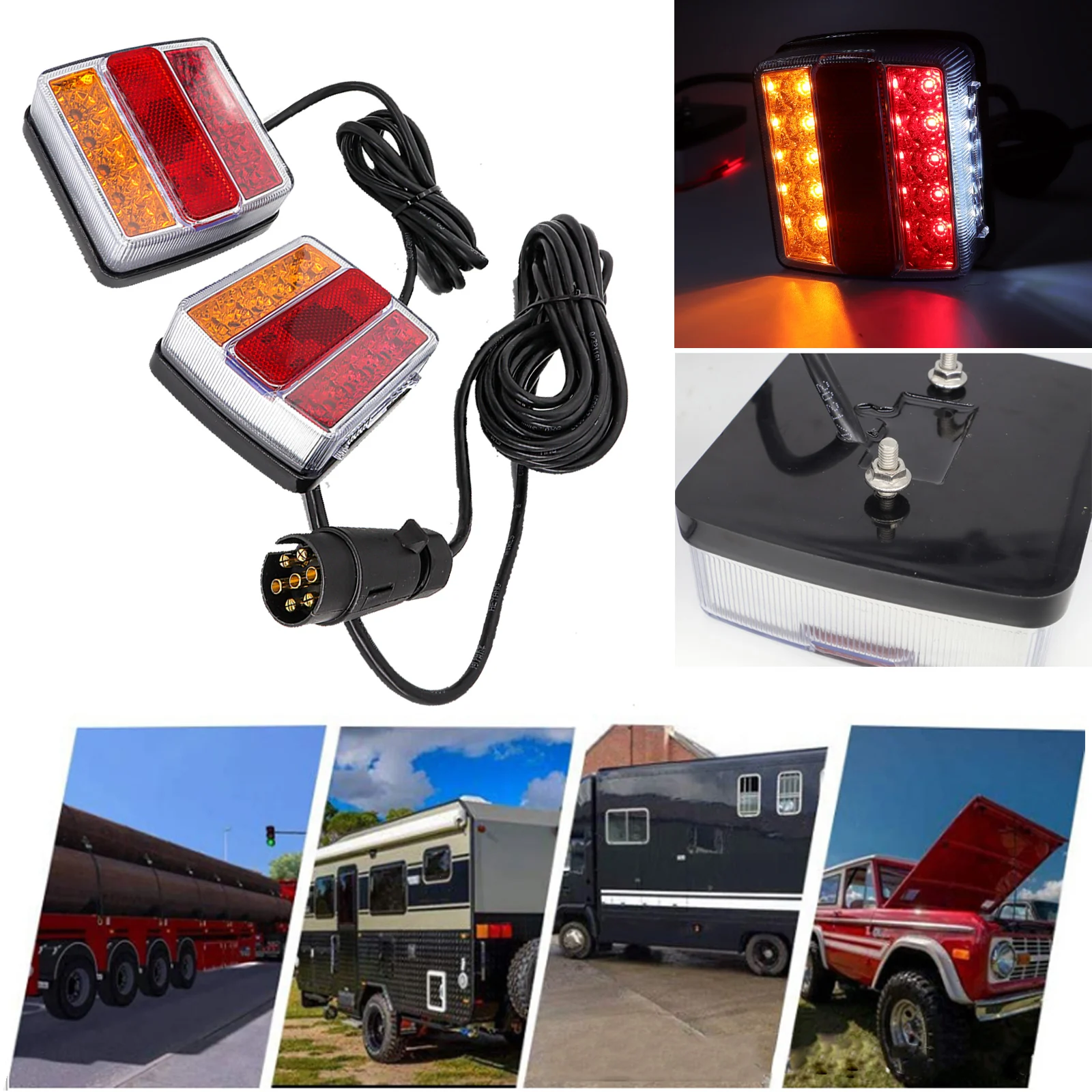 1 Set 10m 7 Pin Plug 12V 16 Led Trailer Towing Light Kit Rear Stop Tail Turn Signal Lights License Number Plate Lamp Truck RV